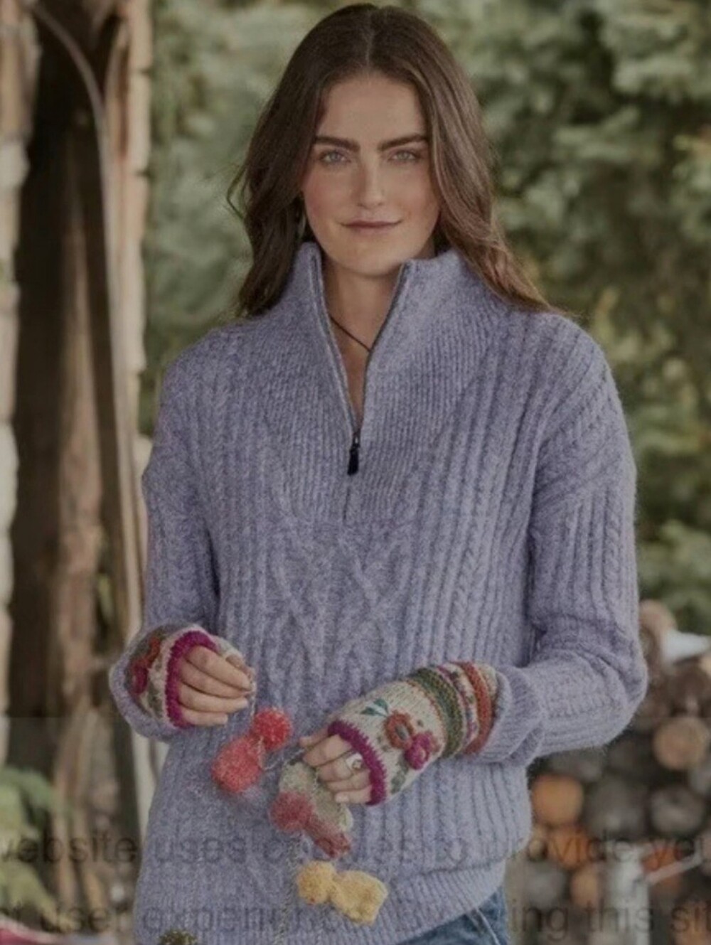 SUNDANCE Sycamore Cable Knit Oversized Quarter Zip Women's XL Purple Cozy Cabin
